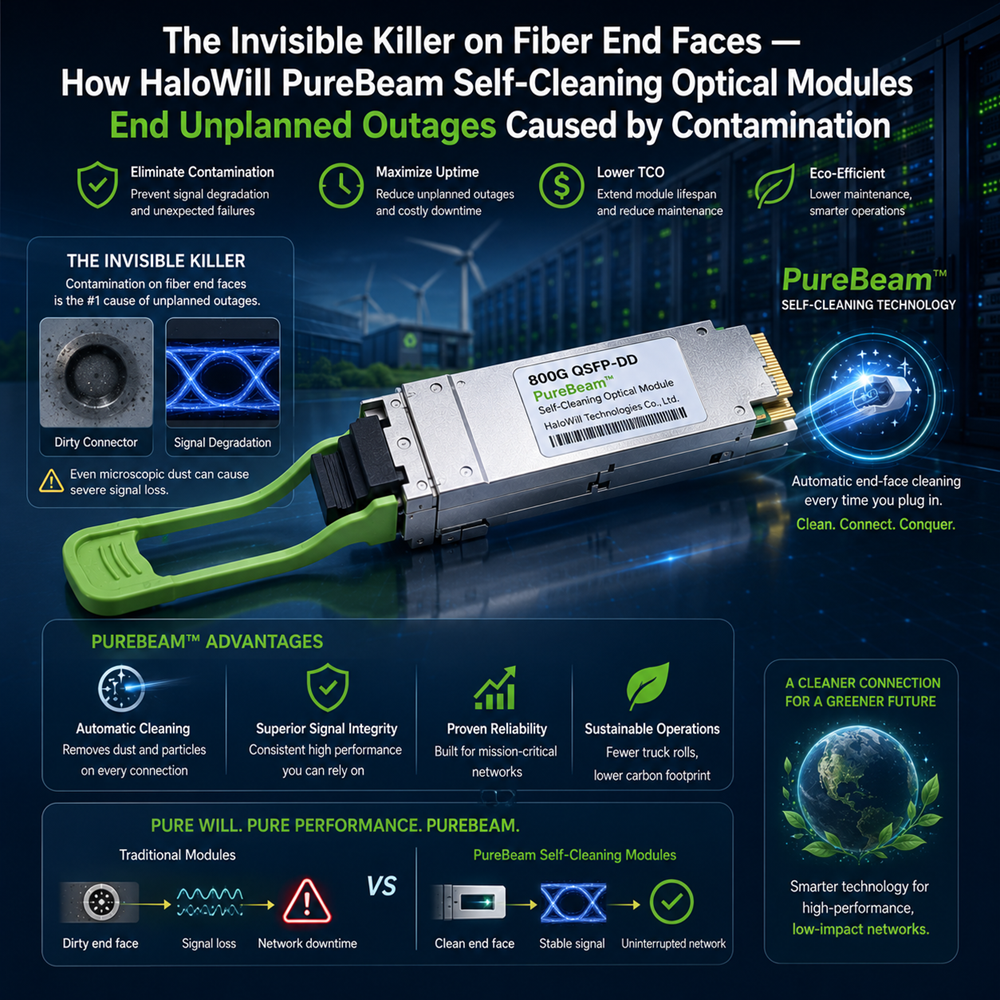 The Invisible Killer on Fiber End Faces — How HaloWill PureBeam Self-Cleaning Optical Modules End Unplanned Outages Caused by Contamination